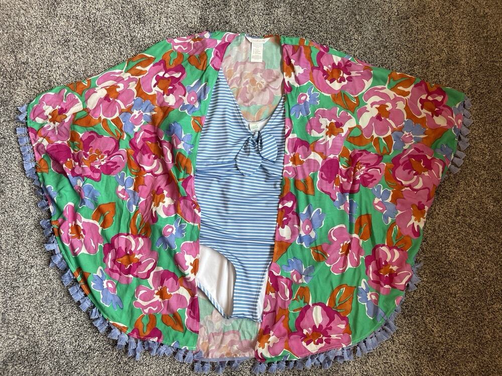 Sunshine 79 Floral Coverup & Oasis Blue White Striped Bathing Suit Lot 0X